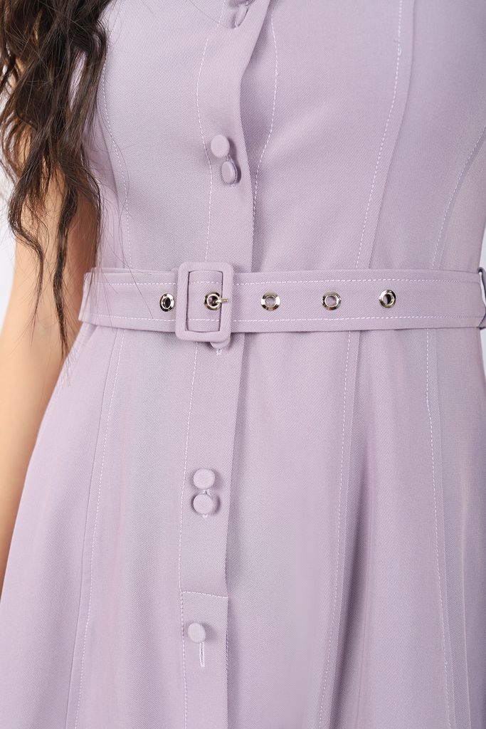 FDC33743 - Đầm công sở vải denim dáng xòe cổ đức không tay cài cúc kèm đai tạo kiểu - PANTIO