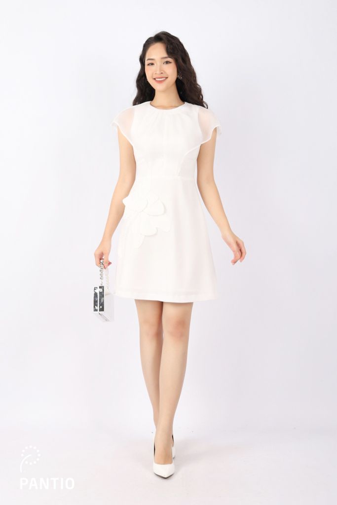 FDC33745 - Đầm công sở vải thô nhung dáng A thân ngực phối vải tơ tạo kiểu chân váy đính hoa 3D trang trí khóa thân sau - PANTIO