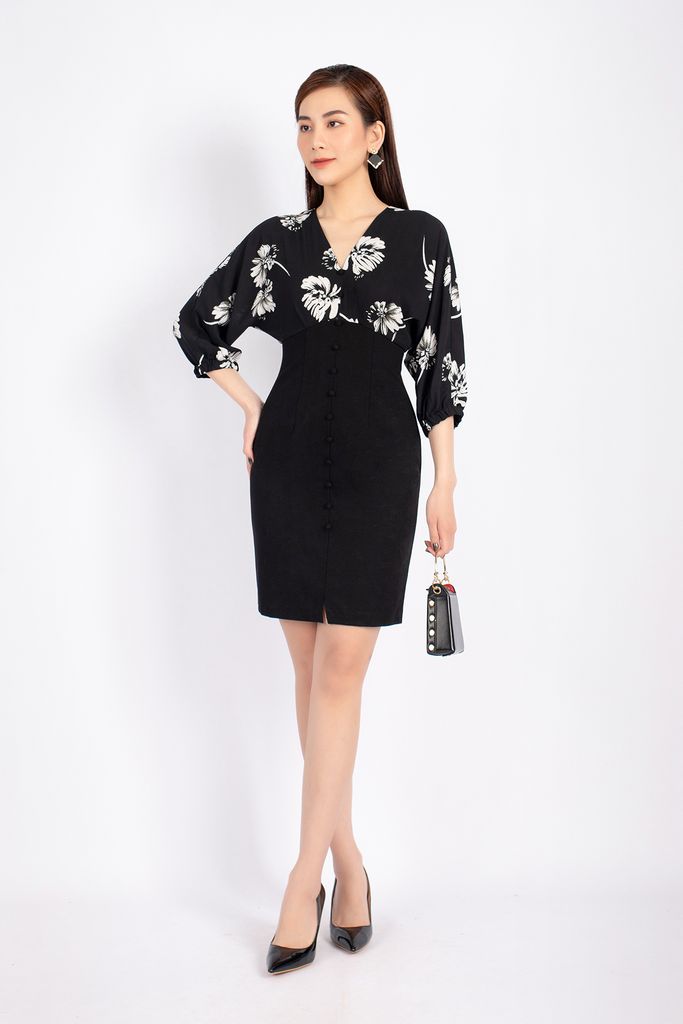 FDC33761 - Đầm công sở vải phi cát dáng ôm cổ V chồng chân phối vải thô đính cúc bọc tạo kiểu - PANTIO