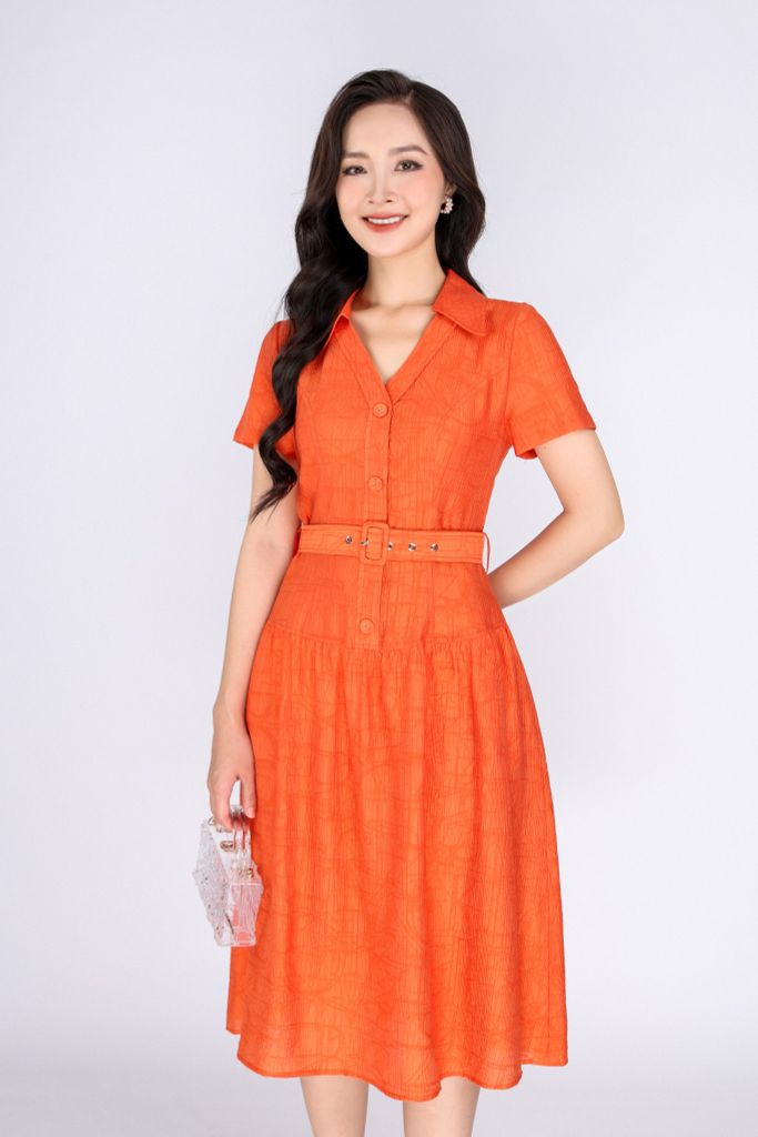 FDC34064 - Đầm công sở vải thô vân dáng xòe cổ đức xẻ V đính cúc kèm đai tạo kiểu - PANTIO