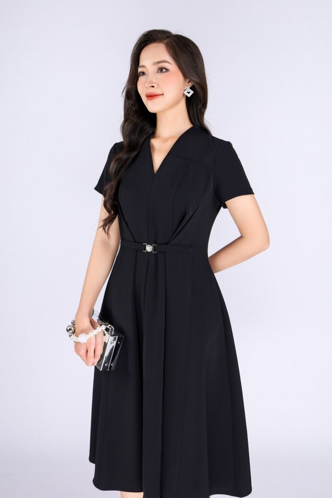 FDC34071 - Đầm công sở vải tuytsi dáng xoè cổ V-cut eo đai cài tạo ly xếp khoá thân sau - PANTIO