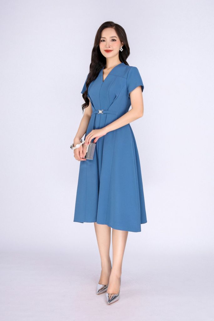 FDC34071 - Đầm công sở vải tuytsi dáng xoè cổ V-cut eo đai cài tạo ly xếp khoá thân sau - PANTIO