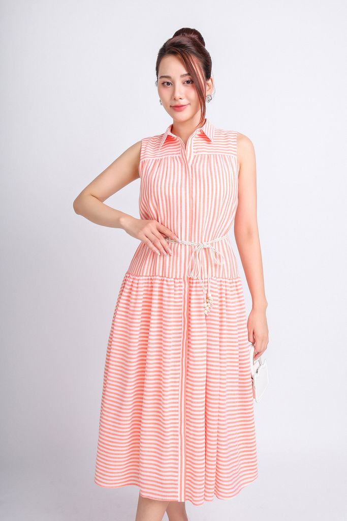 FDC34128 - Đầm thô dạo phố vải thô dáng xoè có lót vải lụa boi cổ đức kèm đai tết tạo kiểu - PANTIO