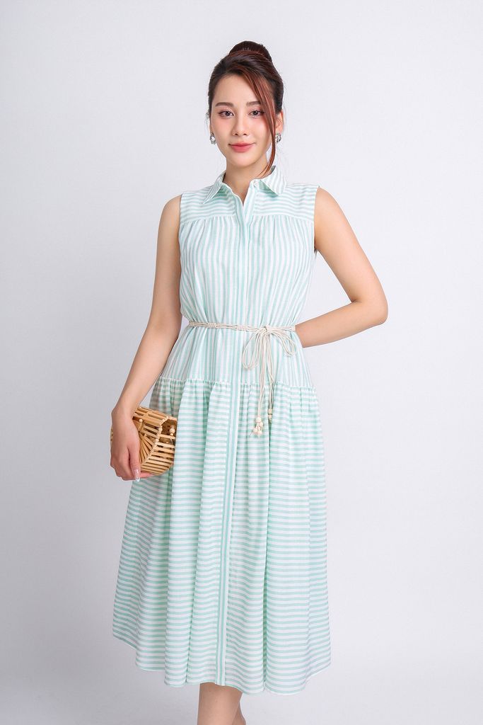 FDC34128 - Đầm thô dạo phố vải thô dáng xoè có lót vải lụa boi cổ đức kèm đai tết tạo kiểu - PANTIO