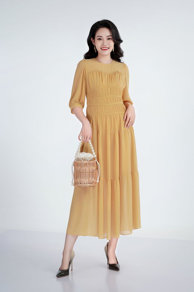 Đầm công sở chất liệu chiffon xốp cổ tròn dáng xòe FDC73195 - PANTIO