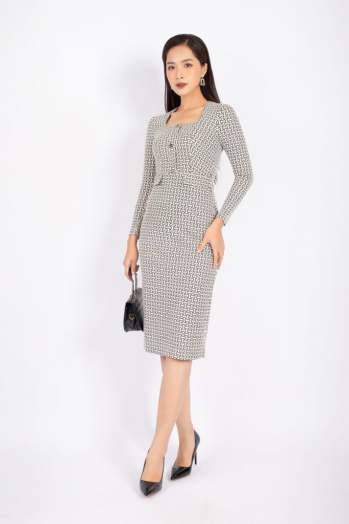 FDC73543 - Đầm công sở vải len dáng ôm cổ vuông thân phối nẹp đình khuy và nắp túi trang trí khóa thân sau - PANTIO