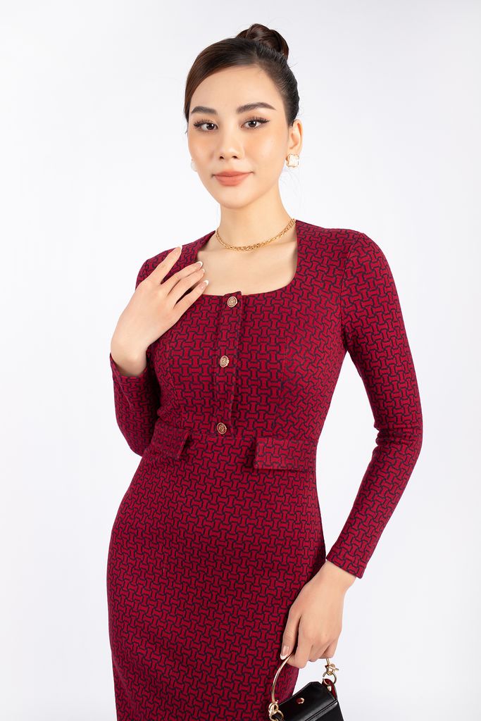 FDC73543 - Đầm công sở vải len dáng ôm cổ vuông thân phối nẹp đình khuy và nắp túi trang trí khóa thân sau - PANTIO