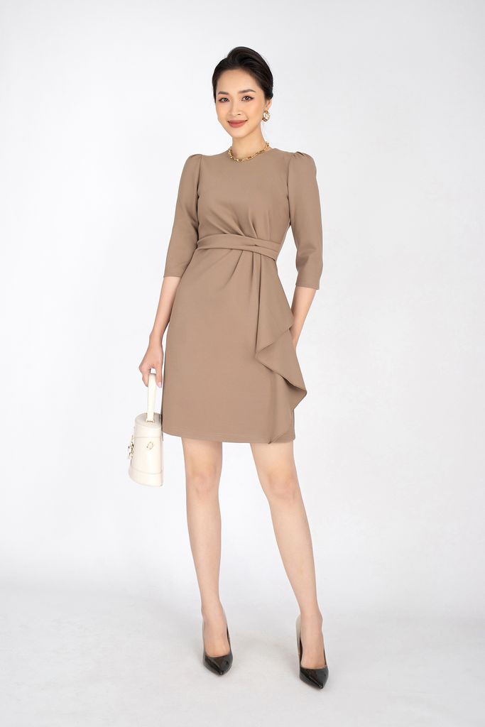 FDC93277 - Đầm công sở chất liệu vải cotton cổ tròn, chiết eo vạt cách điệu tay lỡ - PANTIO