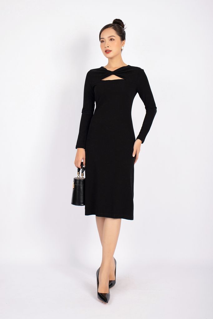 FDD7087 - Đầm dạo phố vải cotton dáng ôm cổ xoắn thân ngực cut- PANTIO