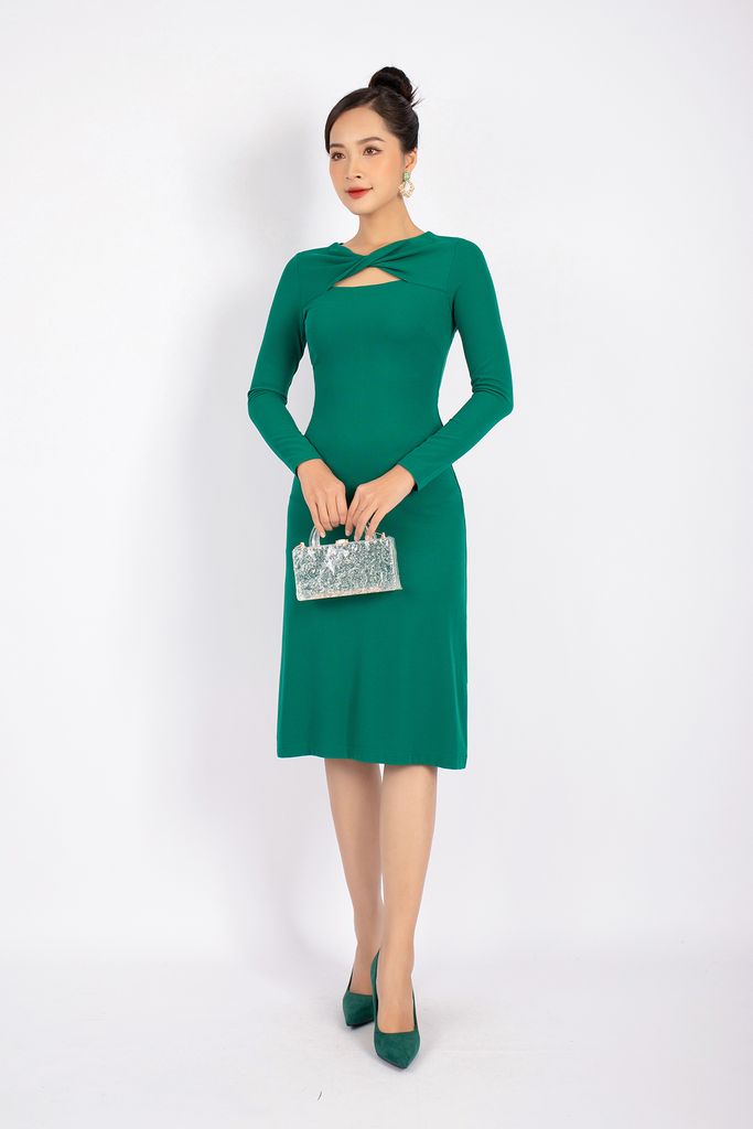 FDD7087 - Đầm dạo phố vải cotton dáng ôm cổ xoắn thân ngực cut- PANTIO