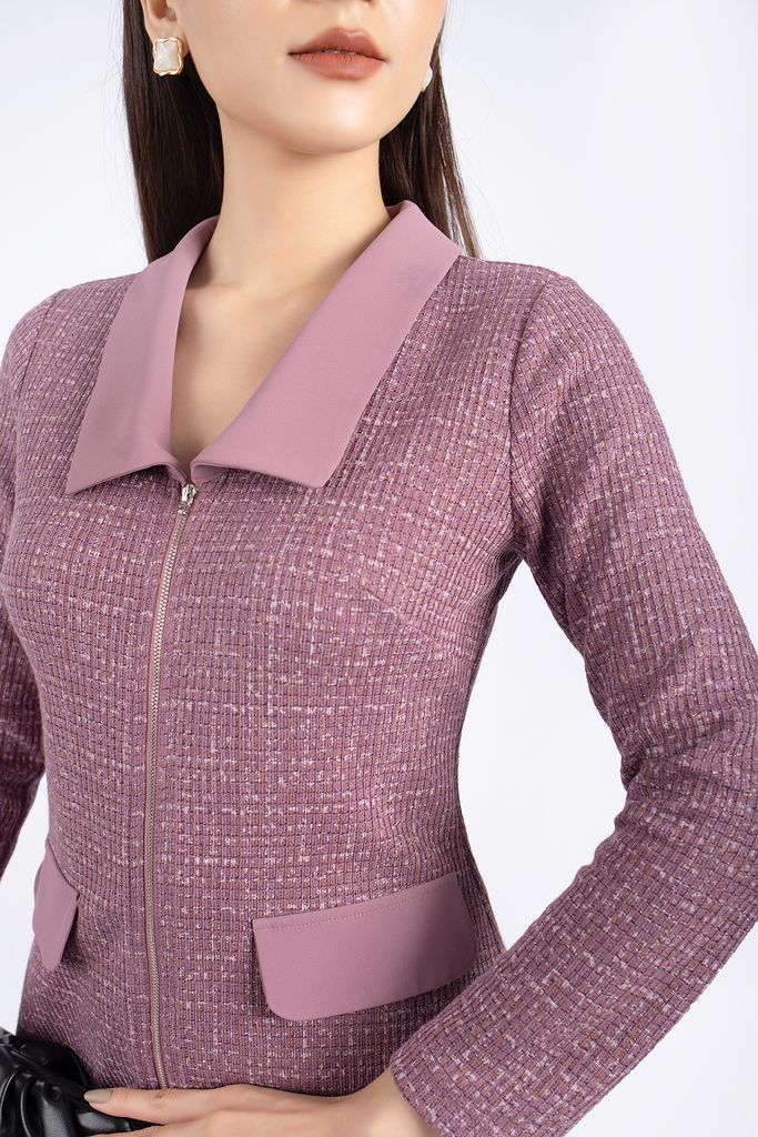 FDD9096 - Đầm công sở vải len dáng A cổ phối vải màu thân kéo khóa đính nắp túi trang trí - PANTIO