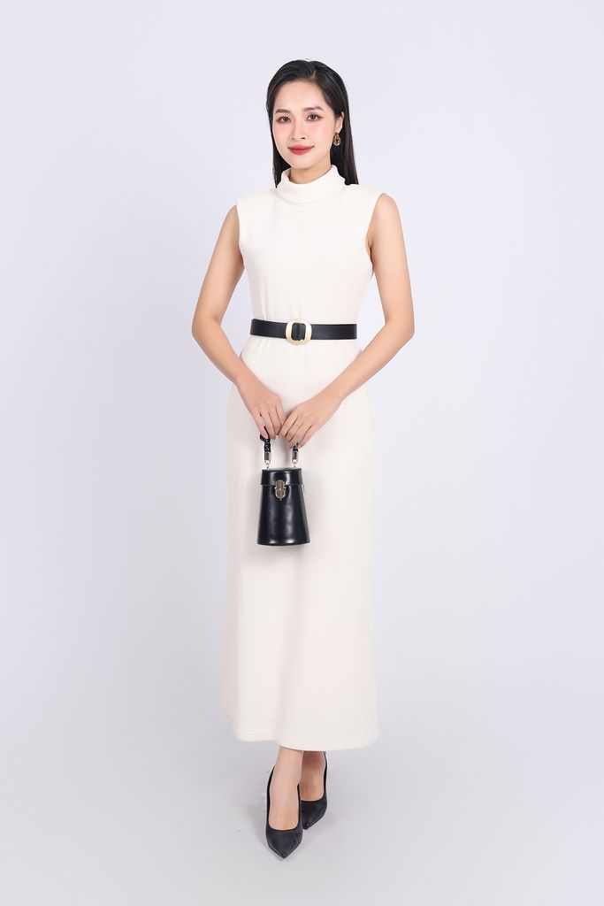 FDD9132 - Đầm dệt kim cao cấp vải nhung dáng suông dài cổ cao khoá thân sau - PANTIO
