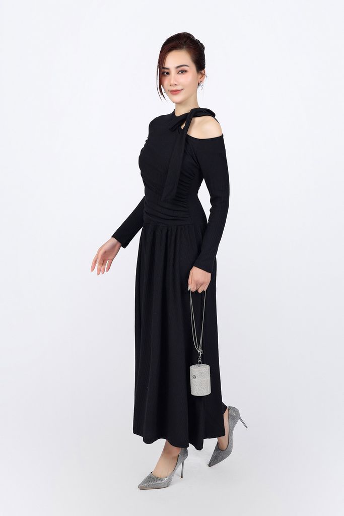 FDD9156 - Đầm dệt kim vải len cao cấp dáng suông cổ phối dây nơ tạo kiểu thân váy xếp ly nhún tạo xoè thời trang - PANTIO
