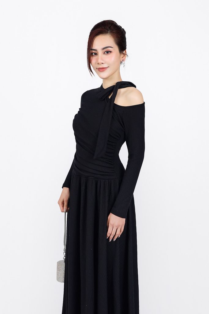 FDD9156 - Đầm dệt kim vải len cao cấp dáng suông cổ phối dây nơ tạo kiểu thân váy xếp ly nhún tạo xoè thời trang - PANTIO