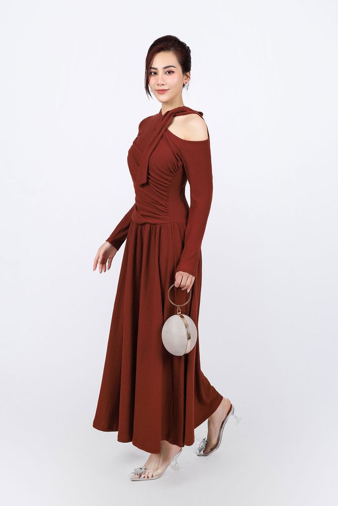 FDD9156 - Đầm dệt kim vải len cao cấp dáng suông cổ phối dây nơ tạo kiểu thân váy xếp ly nhún tạo xoè thời trang - PANTIO
