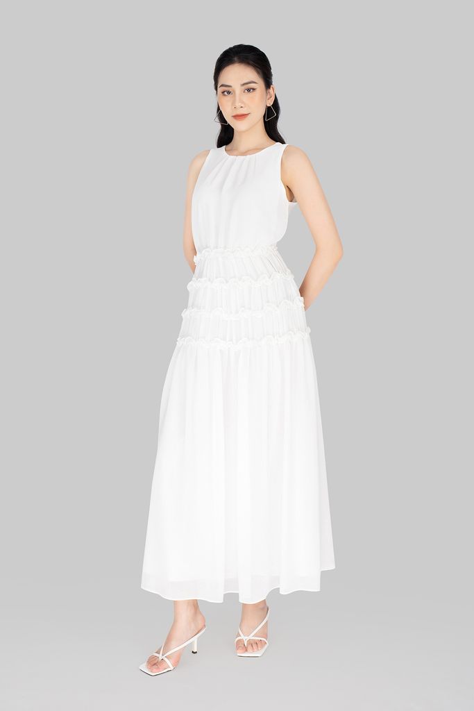 FDH3302 - Đầm dạo phố vải chiffon dáng maxi cổ tròn thân váy bèo dún xếp tầng - PANTIO