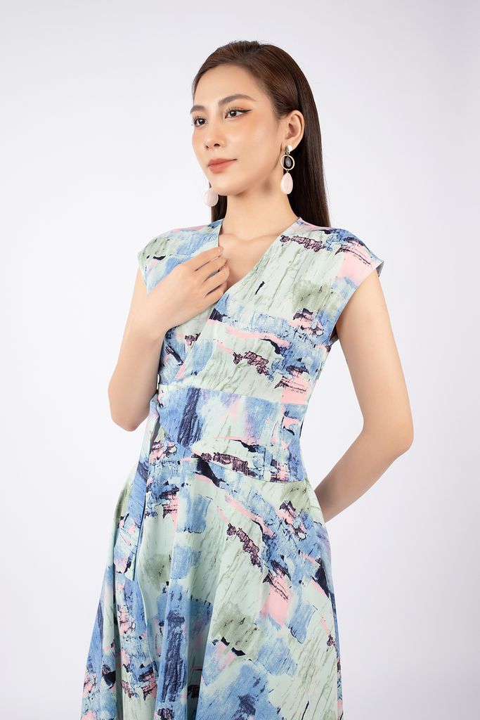 FDP32974 - Đầm dạo phố vải lụa dáng xòe cổ V vai chờm eo phối đai trang trí - PANTIO