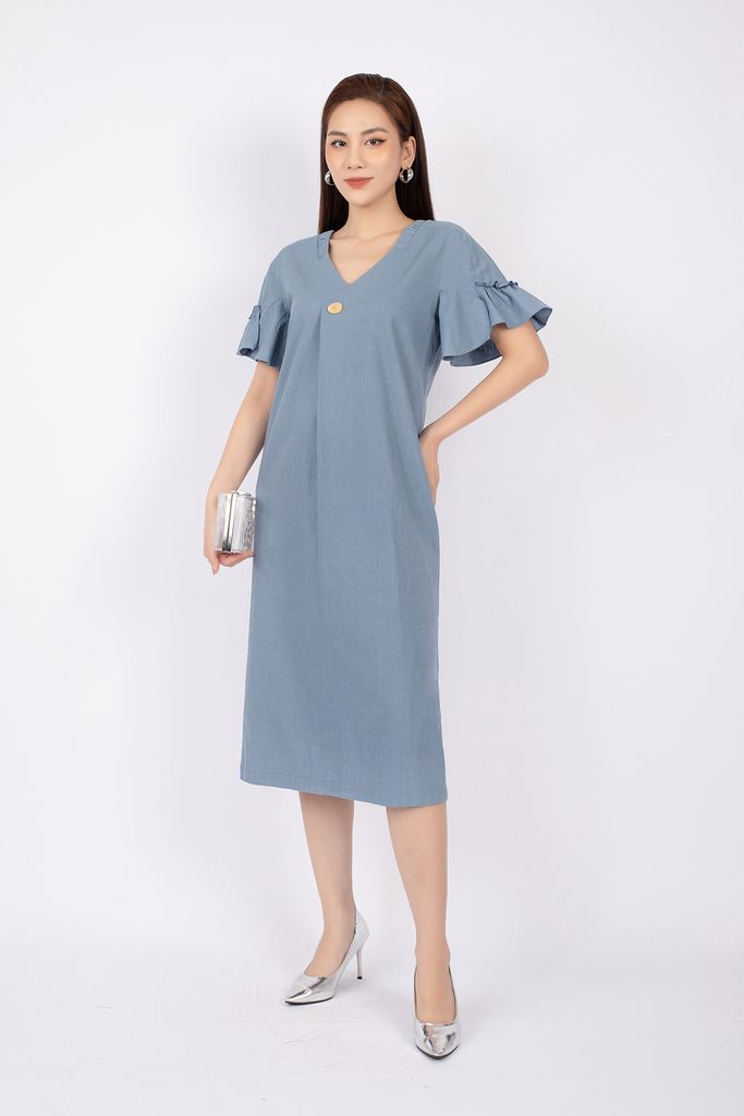 FDP33002 - Đầm dạo phố vải linen dáng suông cổ V tay loe phối bèo - PANTIO