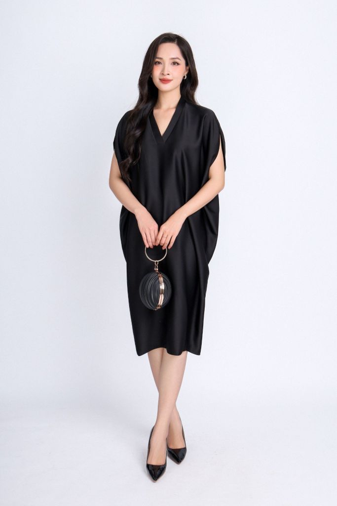 FDP33072 - Đầm dạo phố vải lụa satin dáng bom cổ V tay liền vai chờm kèm hoa cài áo trang trí - PANTIO
