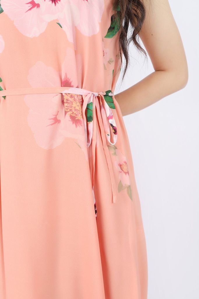 FDP33103 - Đầm dạo phố vải chiffon dáng xòe cổ tròn thân phối họa tiết in kèm đai tạo kiểu - PANTIO