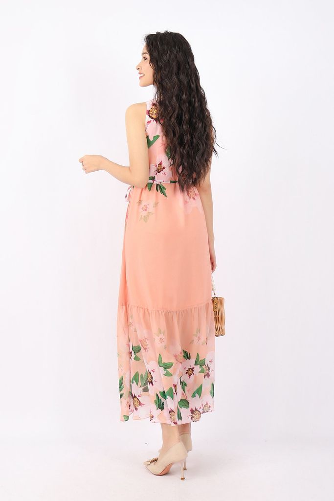 FDP33103 - Đầm dạo phố vải chiffon dáng xòe cổ tròn thân phối họa tiết in kèm đai tạo kiểu - PANTIO