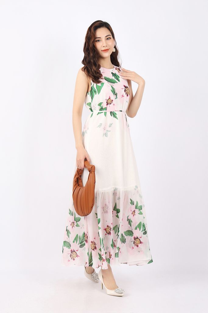 FDP33103 - Đầm dạo phố vải chiffon dáng xòe cổ tròn thân phối họa tiết in kèm đai tạo kiểu - PANTIO