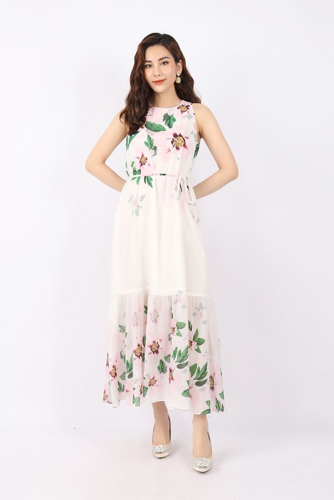 FDP33103 - Đầm dạo phố vải chiffon dáng xòe cổ tròn thân phối họa tiết in kèm đai tạo kiểu - PANTIO