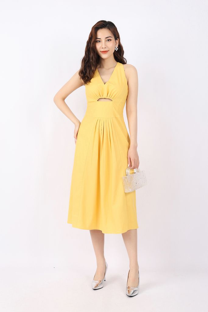 FDP33113 - Đầm dạo phố vải linen dáng xòe cổ V chân ngực cut- PANTIO