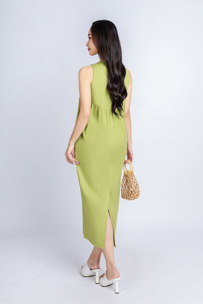 FDP33221 - Đầm dạo phố vải linen dang bom cổ tròn thân ngực máy mí tạo kiểu - PANTIO