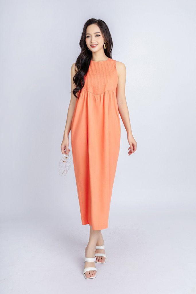 FDP33221 - Đầm dạo phố vải linen dang bom cổ tròn thân ngực máy mí tạo kiểu - PANTIO