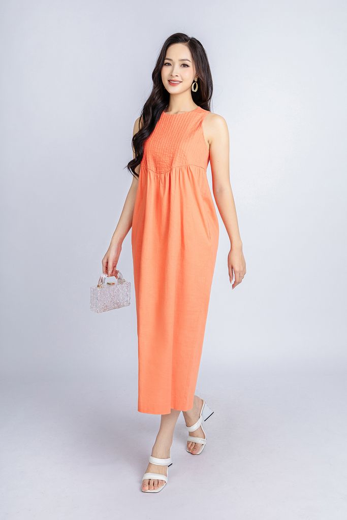 FDP33221 - Đầm dạo phố vải linen dang bom cổ tròn thân ngực máy mí tạo kiểu - PANTIO