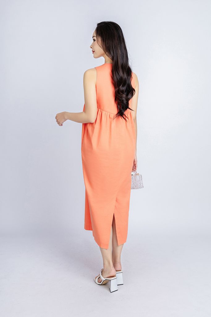 FDP33221 - Đầm dạo phố vải linen dang bom cổ tròn thân ngực máy mí tạo kiểu - PANTIO