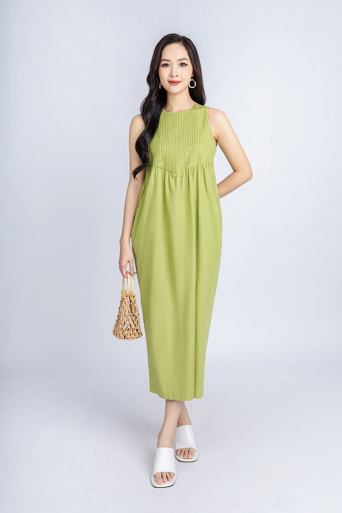 FDP33221 - Đầm dạo phố vải linen dang bom cổ tròn thân ngực máy mí tạo kiểu - PANTIO