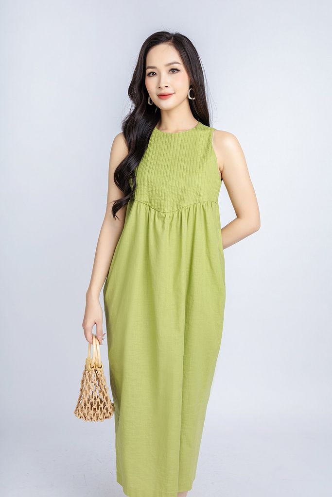 FDP33221 - Đầm dạo phố vải linen dang bom cổ tròn thân ngực máy mí tạo kiểu - PANTIO