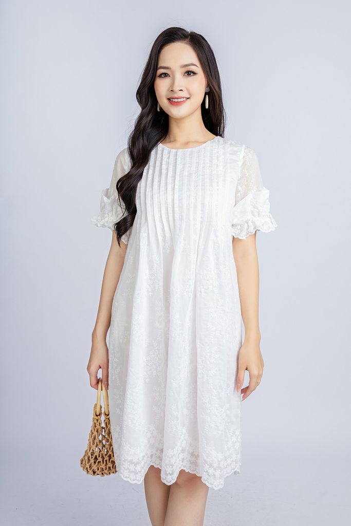 FDP33252 - Đầm dạo phố vải thô tơ dáng suông có lót habutai cổ tròn thân ngực máy mí tạo kiểu tay pha bèo ren trang trí - PANTIO