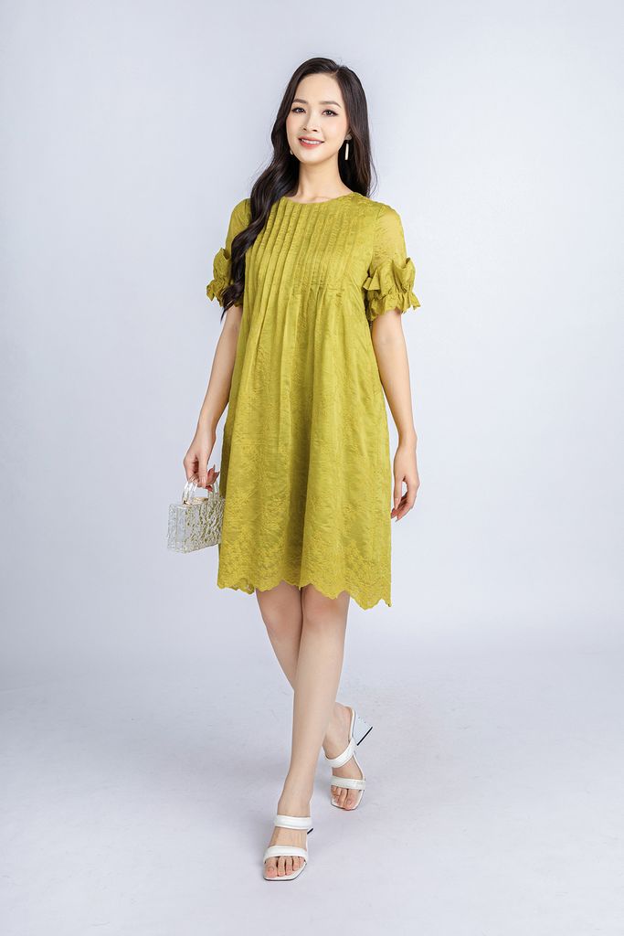 FDP33252 - Đầm dạo phố vải thô tơ dáng suông có lót habutai cổ tròn thân ngực máy mí tạo kiểu tay pha bèo ren trang trí - PANTIO