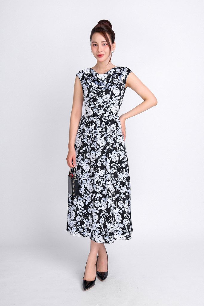 FDP33340 - Đầm dạo phố vải lụa tằm dáng xoè có lót habutai cổ đổ vai chờm eo nhún khoá thân sau - PANTIO