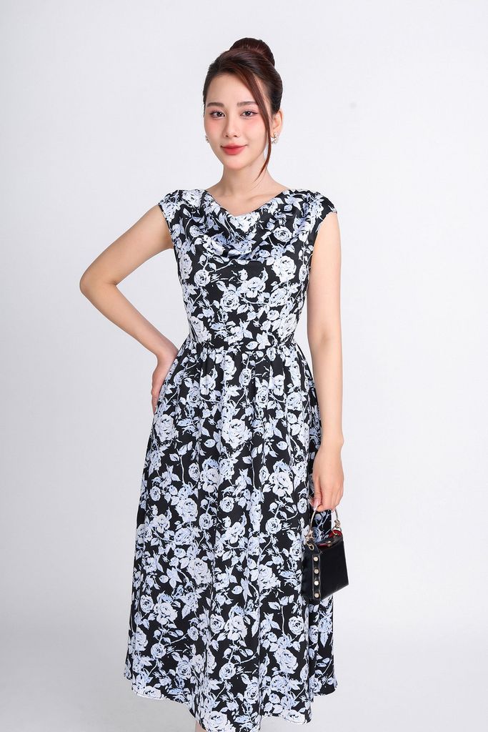FDP33340 - Đầm dạo phố vải lụa tằm dáng xoè có lót habutai cổ đổ vai chờm eo nhún khoá thân sau - PANTIO