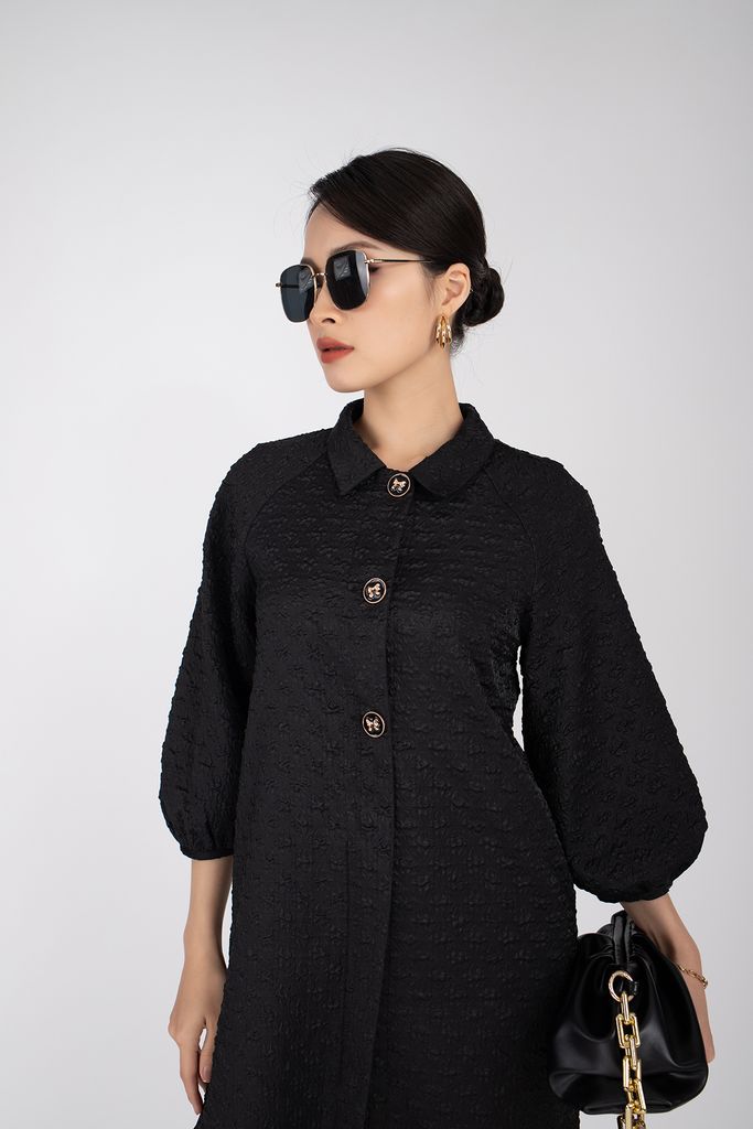FDP72832 - Đầm dạo phố chất liệu thô dáng suông, cổ đức chun tay - PANTIO