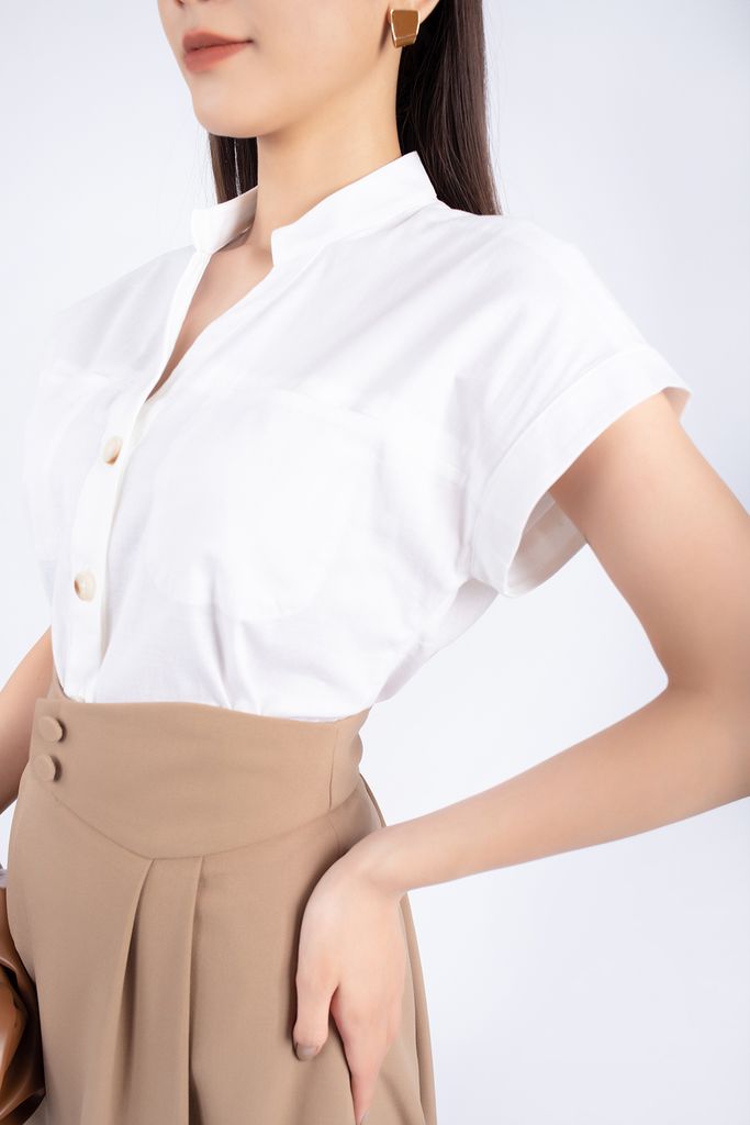 FJD3993 - Chân váy midi công sở vải thô dáng xòe cạp tạo kiểu đính cúc trang trí - PANTIO