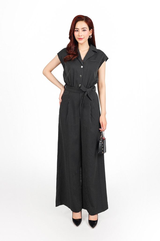 FJS1185 - Jumpsuit công sở vải thô kẻ dáng ôm cổ hai ve vai chờm lưng chun co giãn phối dây đai thắt eo tạo kiểu - PANTIO