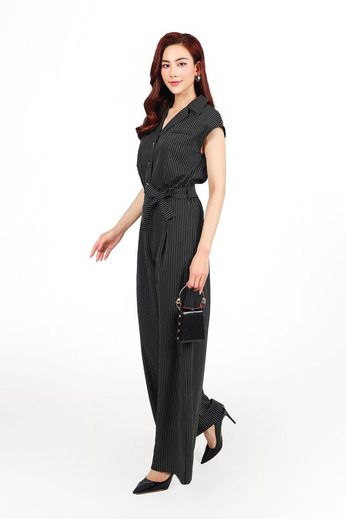 FJS1185 - Jumpsuit công sở vải thô kẻ dáng ôm cổ hai ve vai chờm lưng chun co giãn phối dây đai thắt eo tạo kiểu - PANTIO