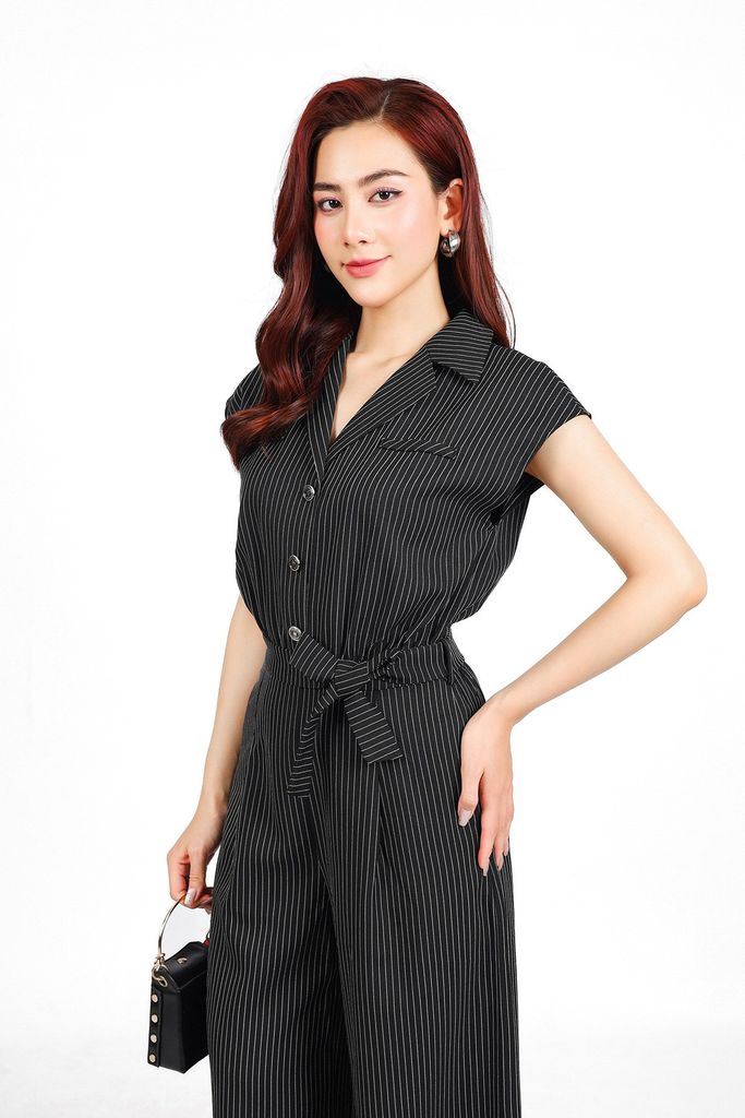 FJS1185 - Jumpsuit công sở vải thô kẻ dáng ôm cổ hai ve vai chờm lưng chun co giãn phối dây đai thắt eo tạo kiểu - PANTIO