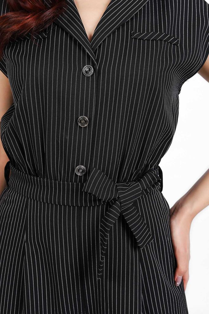 FJS1185 - Jumpsuit công sở vải thô kẻ dáng ôm cổ hai ve vai chờm lưng chun co giãn phối dây đai thắt eo tạo kiểu - PANTIO