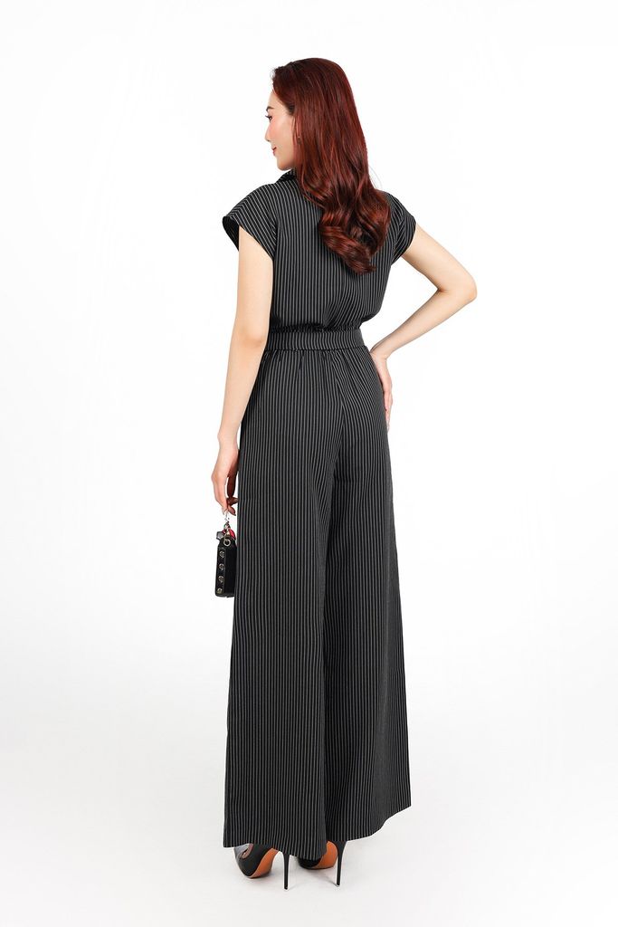 FJS1185 - Jumpsuit công sở vải thô kẻ dáng ôm cổ hai ve vai chờm lưng chun co giãn phối dây đai thắt eo tạo kiểu - PANTIO