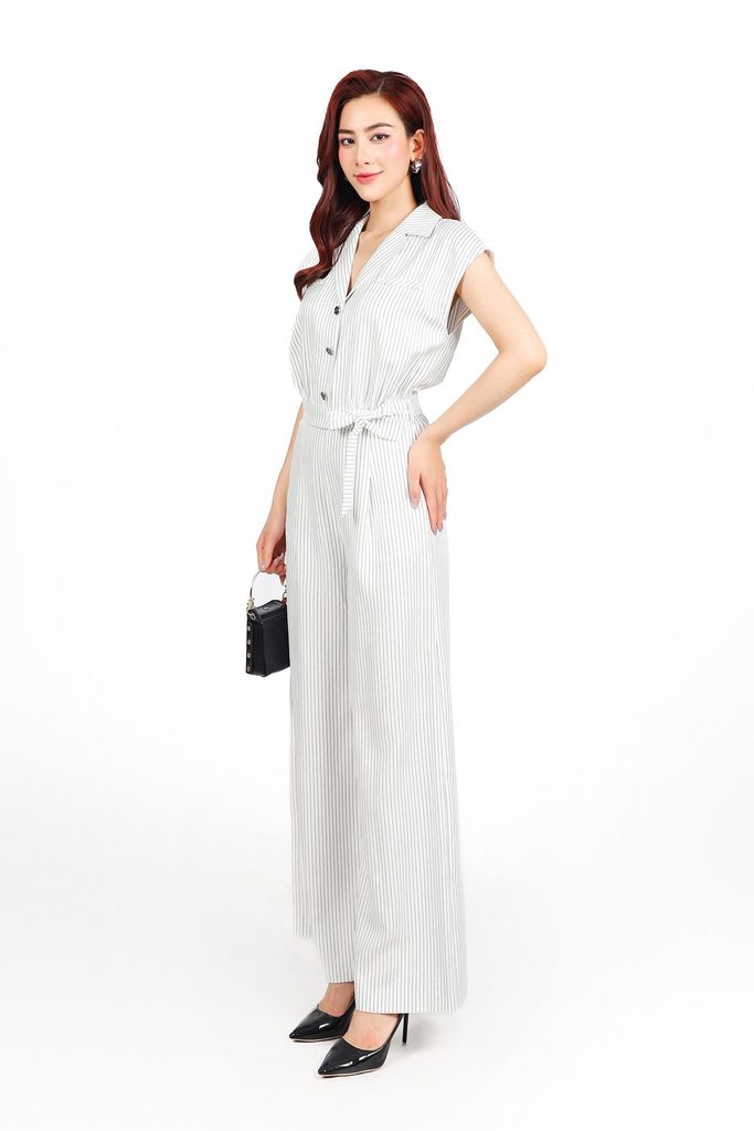 FJS1185 - Jumpsuit công sở vải thô kẻ dáng ôm cổ hai ve vai chờm lưng chun co giãn phối dây đai thắt eo tạo kiểu - PANTIO