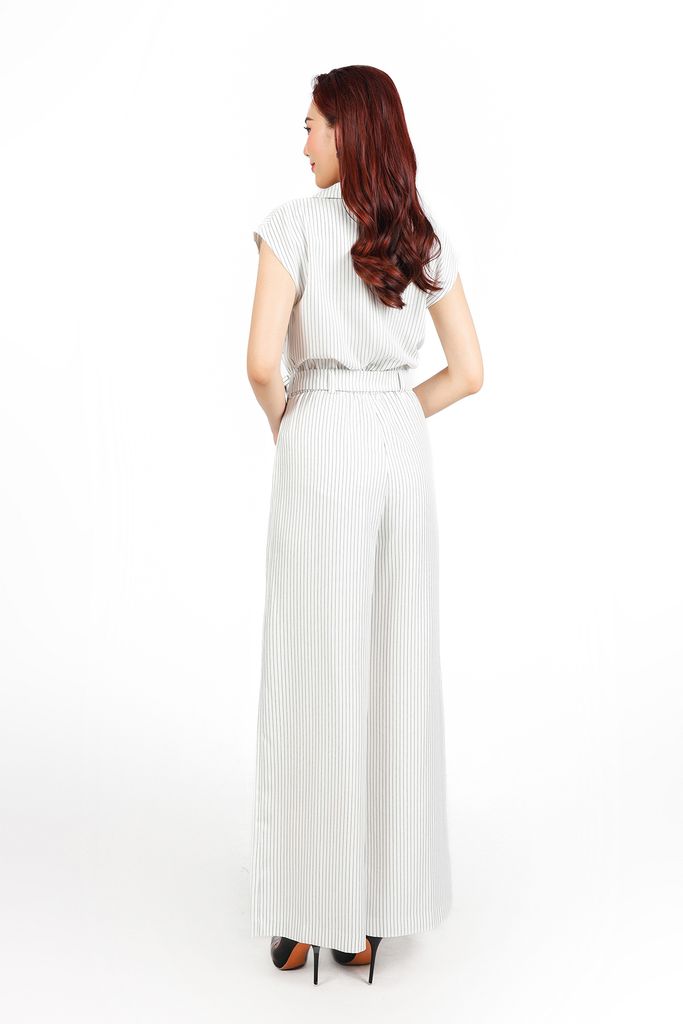 FJS1185 - Jumpsuit công sở vải thô kẻ dáng ôm cổ hai ve vai chờm lưng chun co giãn phối dây đai thắt eo tạo kiểu - PANTIO