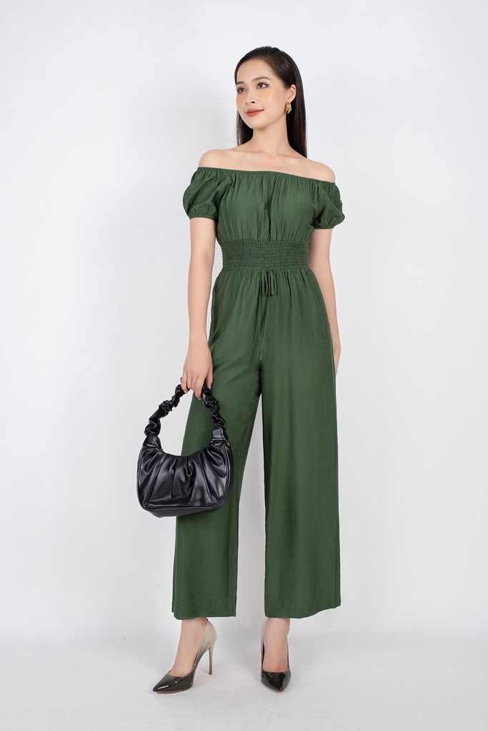 FJS3133 - Jumpsuit dạo phố vải lụa dáng ôm vai trễ đai eo chạy smocking quần ống đứng - PANTIO