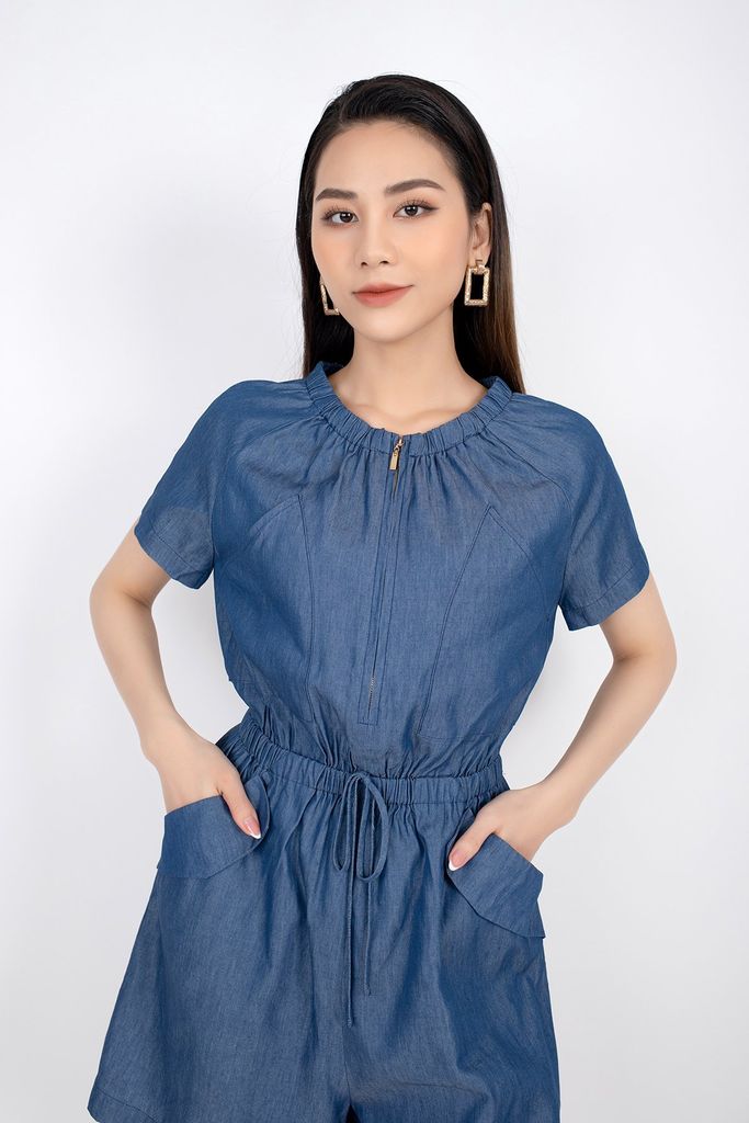 FJS3138 - Jumpsuit dạo phố vải thô dáng suông cổ tròn kéo khóa eo bo chun - PANTIO