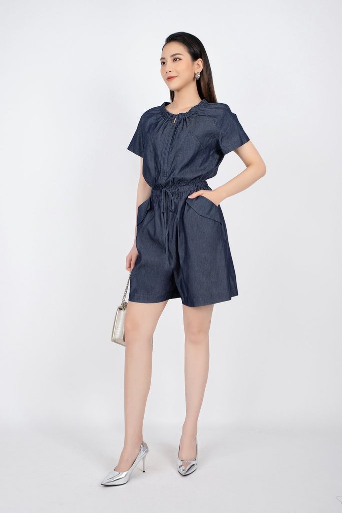 FJS3138 - Jumpsuit dạo phố vải thô dáng suông cổ tròn kéo khóa eo bo chun - PANTIO